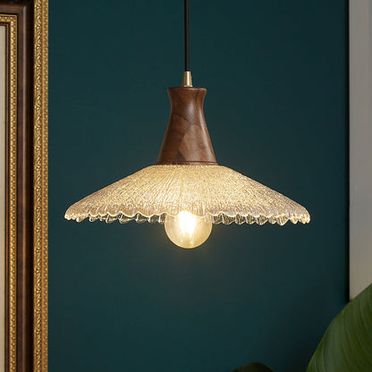 Traditioneller japanischer Kegelhut Messing Walnuss Glas 1 - Licht Pendelleuchte für Esszimmer