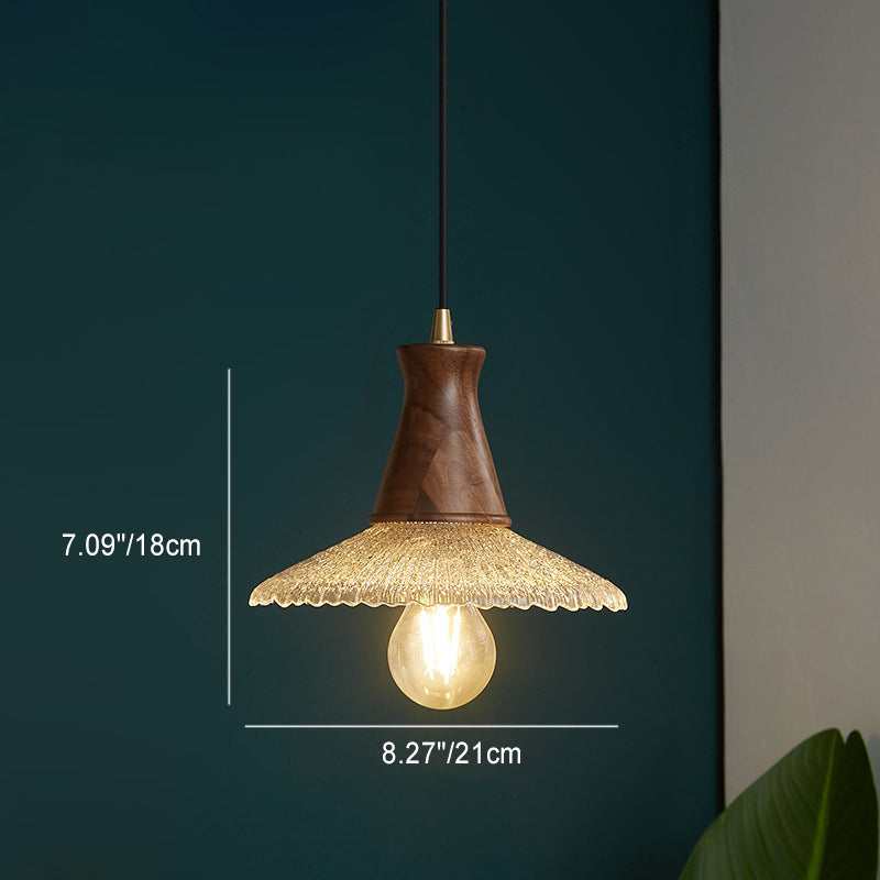 Traditioneller japanischer Kegelhut Messing Walnuss Glas 1 - Licht Pendelleuchte für Esszimmer