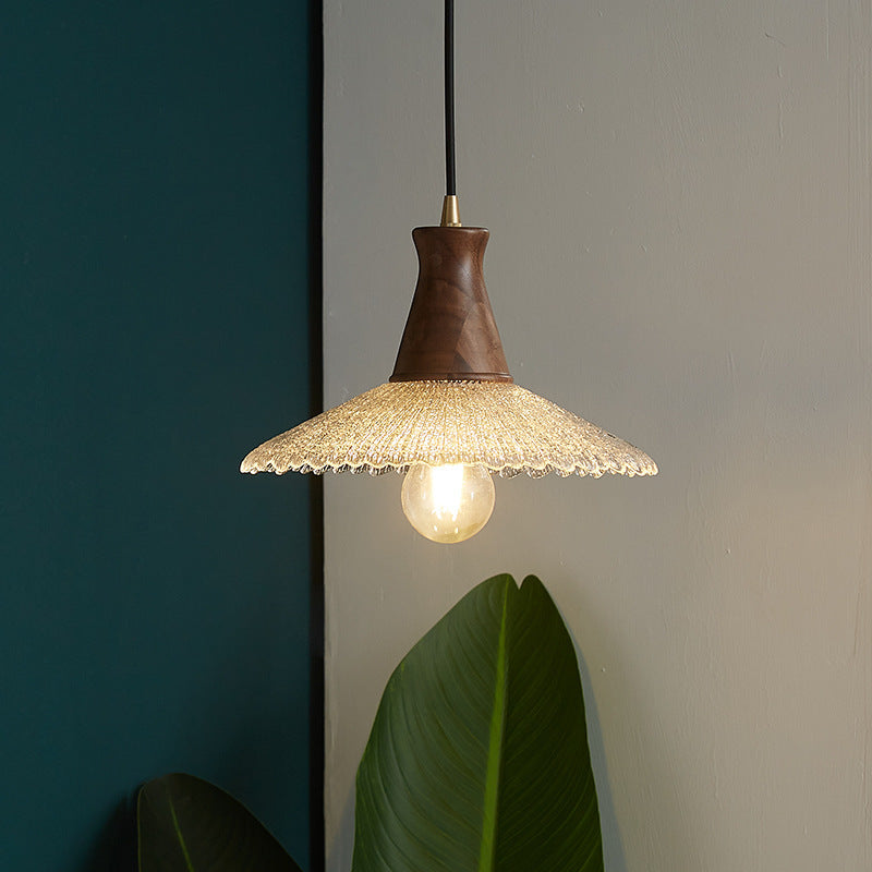 Traditioneller japanischer Kegelhut Messing Walnuss Glas 1 - Licht Pendelleuchte für Esszimmer