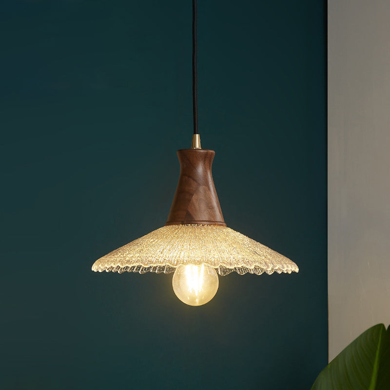 Traditioneller japanischer Kegelhut Messing Walnuss Glas 1 - Licht Pendelleuchte für Esszimmer