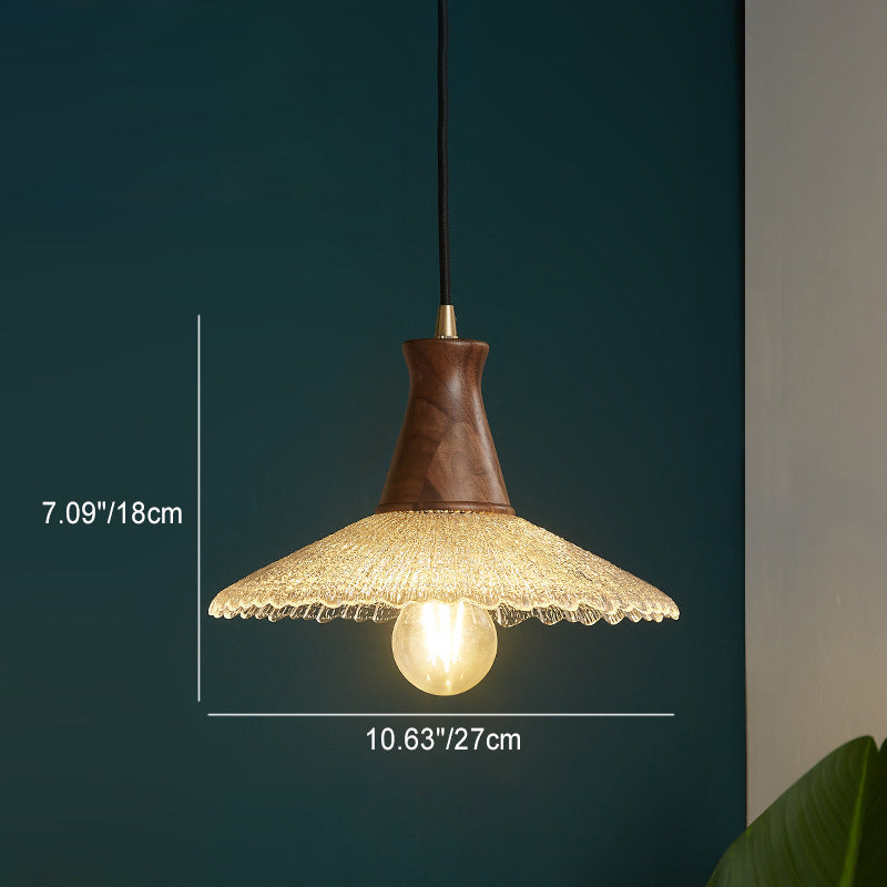 Traditioneller japanischer Kegelhut Messing Walnuss Glas 1 - Licht Pendelleuchte für Esszimmer