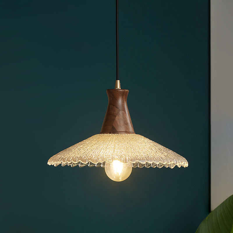 Traditioneller japanischer Kegelhut Messing Walnuss Glas 1 - Licht Pendelleuchte für Esszimmer