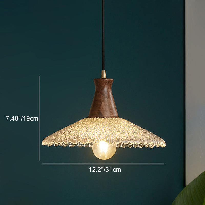 Traditioneller japanischer Kegelhut Messing Walnuss Glas 1 - Licht Pendelleuchte für Esszimmer