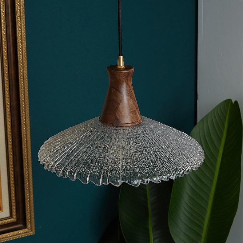 Traditioneller japanischer Kegelhut Messing Walnuss Glas 1 - Licht Pendelleuchte für Esszimmer