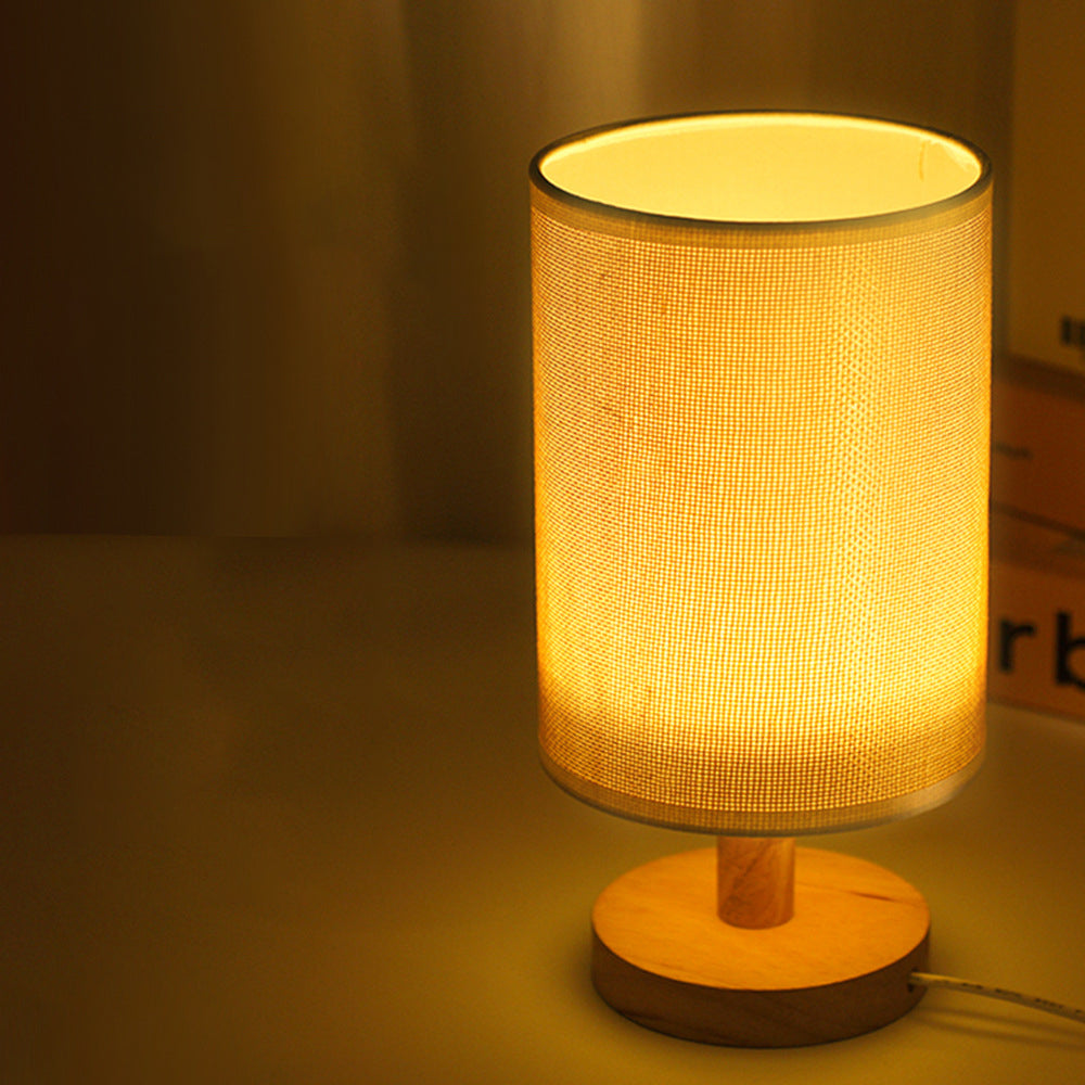 Moderne Art Deco zylindrische Holzbasis Stoffschirm LED Tischlampe für das Schlafzimmer
