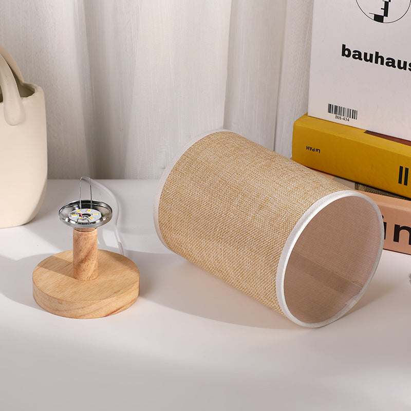 Moderne Art Deco zylindrische Holzbasis Stoffschirm LED Tischlampe für das Schlafzimmer