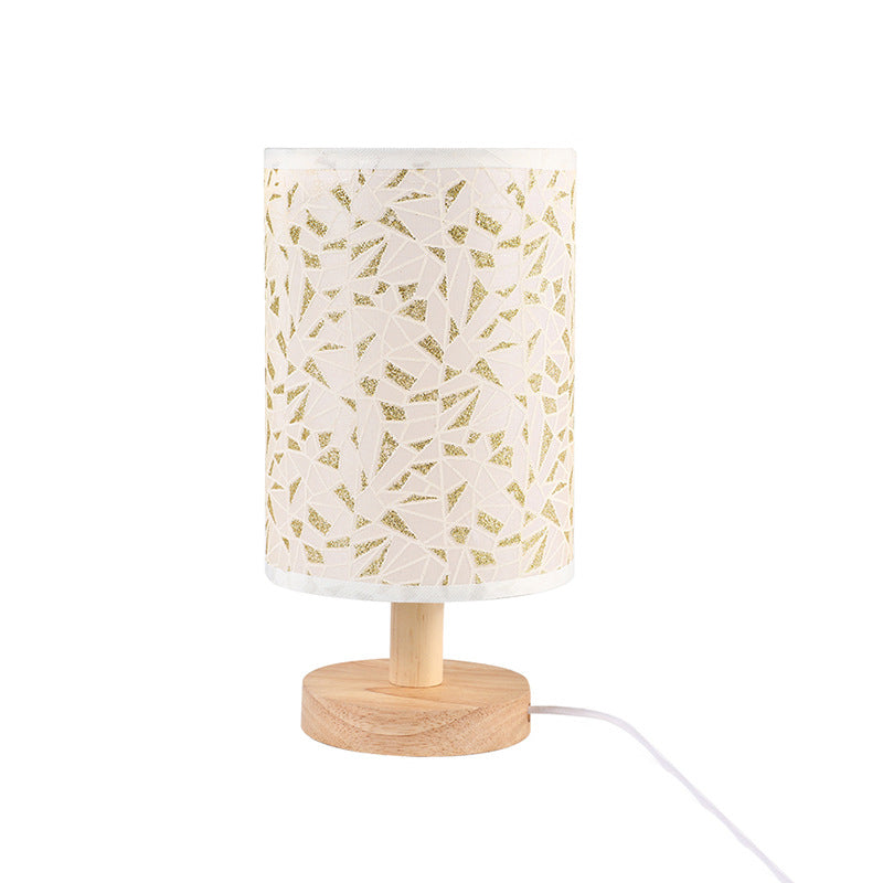 Moderne Art Deco zylindrische Holzbasis Stoffschirm LED Tischlampe für das Schlafzimmer