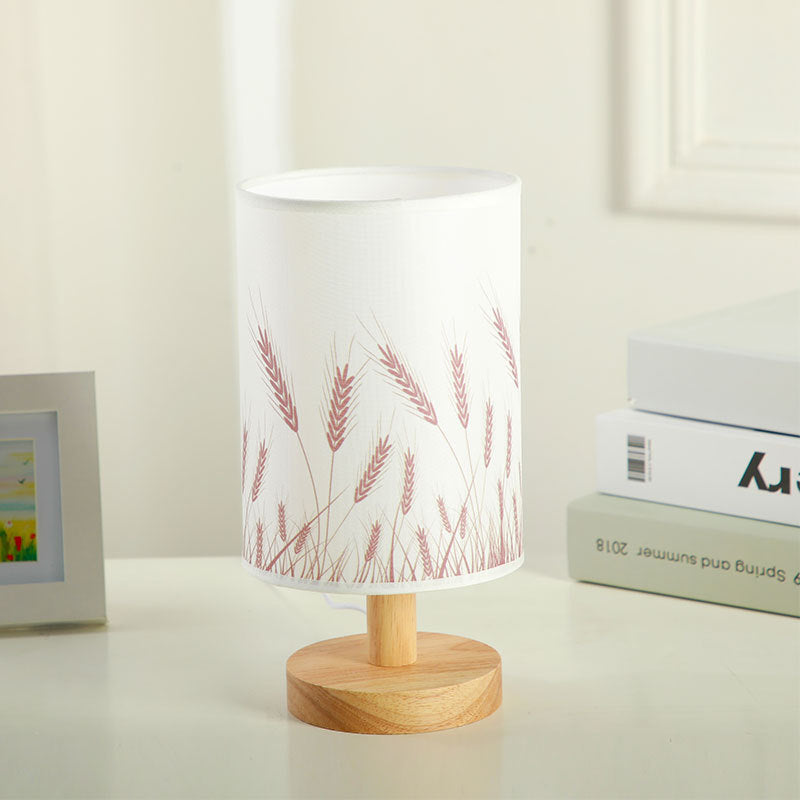 Moderne Art Deco zylindrische Holzbasis Stoffschirm LED Tischlampe für das Schlafzimmer