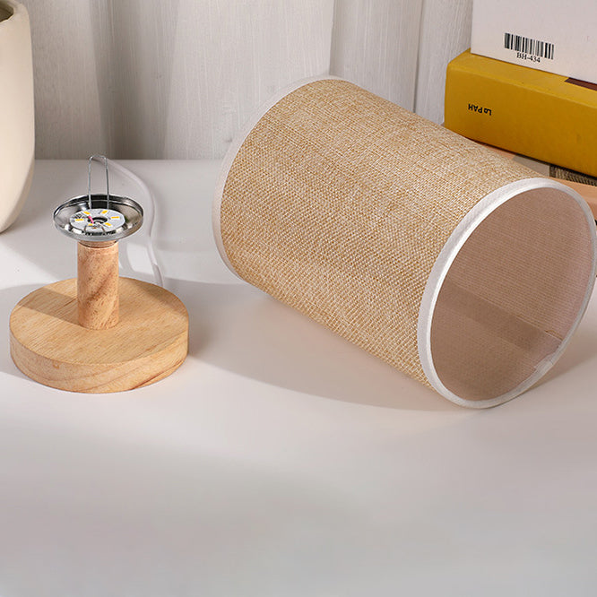 Moderne Art Deco zylindrische Holzbasis Stoffschirm LED Tischlampe für das Schlafzimmer