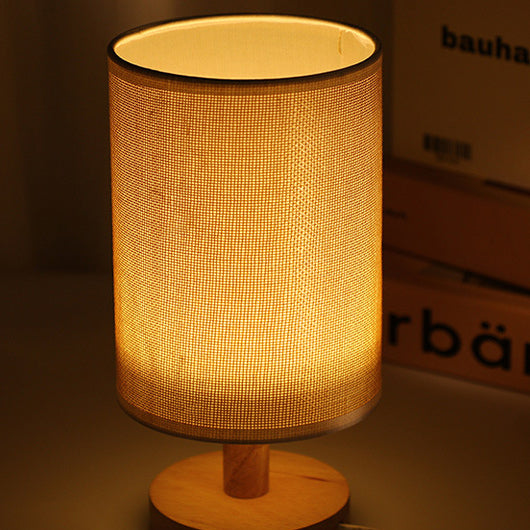 Moderne Art Deco zylindrische Holzbasis Stoffschirm LED Tischlampe für das Schlafzimmer