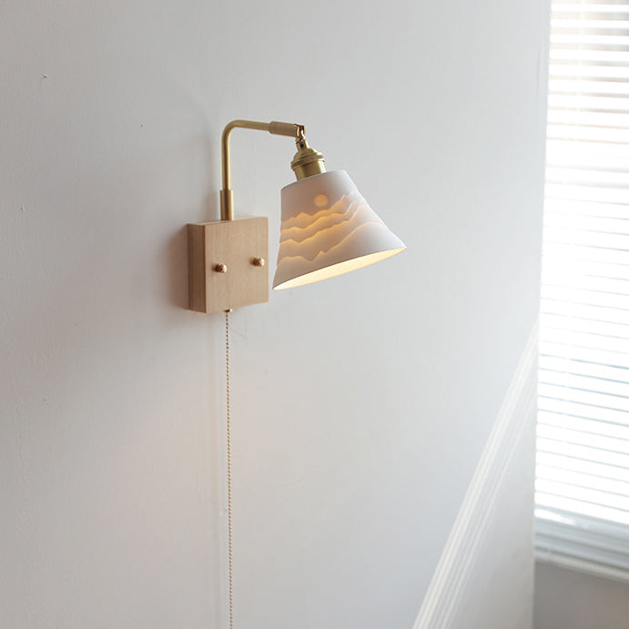 Traditionelle japanische drehbare gerade Stangen-Glo be runde Tasse Form Holz Kupfer Keramik 1-Licht Wandlampe für Wohnzimmer