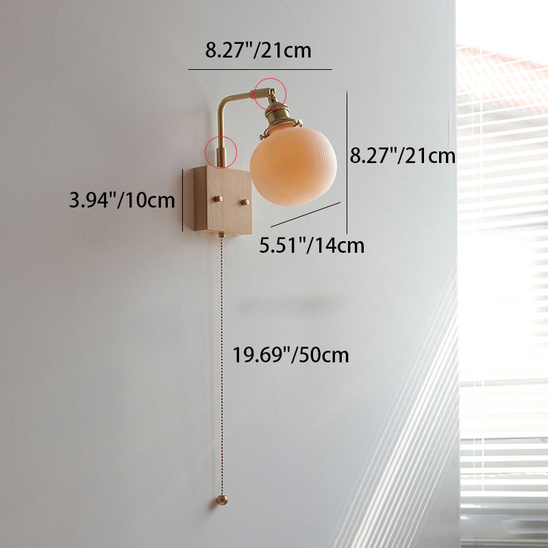 Traditionelle japanische drehbare gerade Stangen-Glo be runde Tasse Form Holz Kupfer Keramik 1-Licht Wandlampe für Wohnzimmer