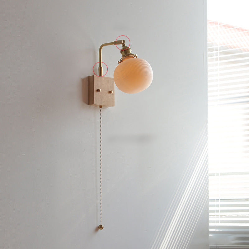 Traditionelle japanische drehbare gerade Stangen-Glo be runde Tasse Form Holz Kupfer Keramik 1-Licht Wandlampe für Wohnzimmer