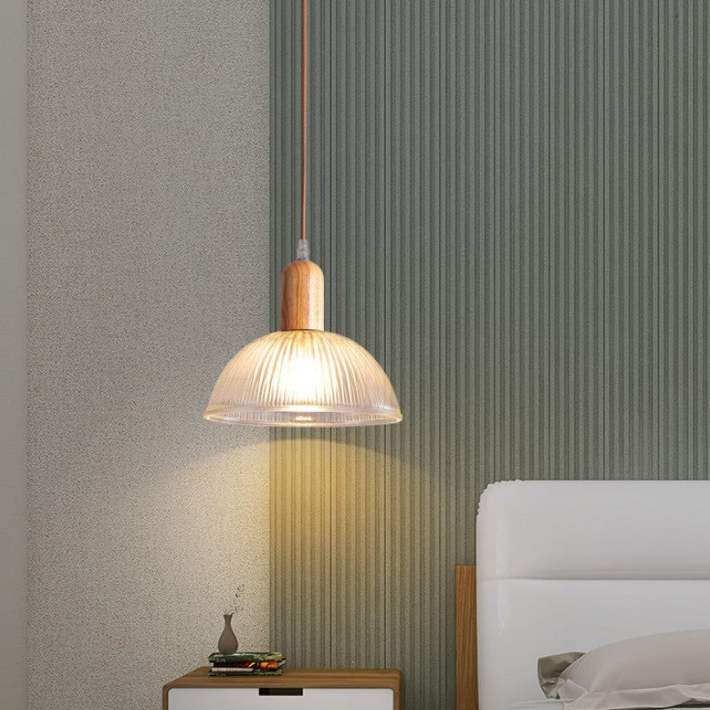 Zeitgenössische Nordische Kuppel Holz Glas 1-Licht Pendelleuchte Für Wohnzimmer