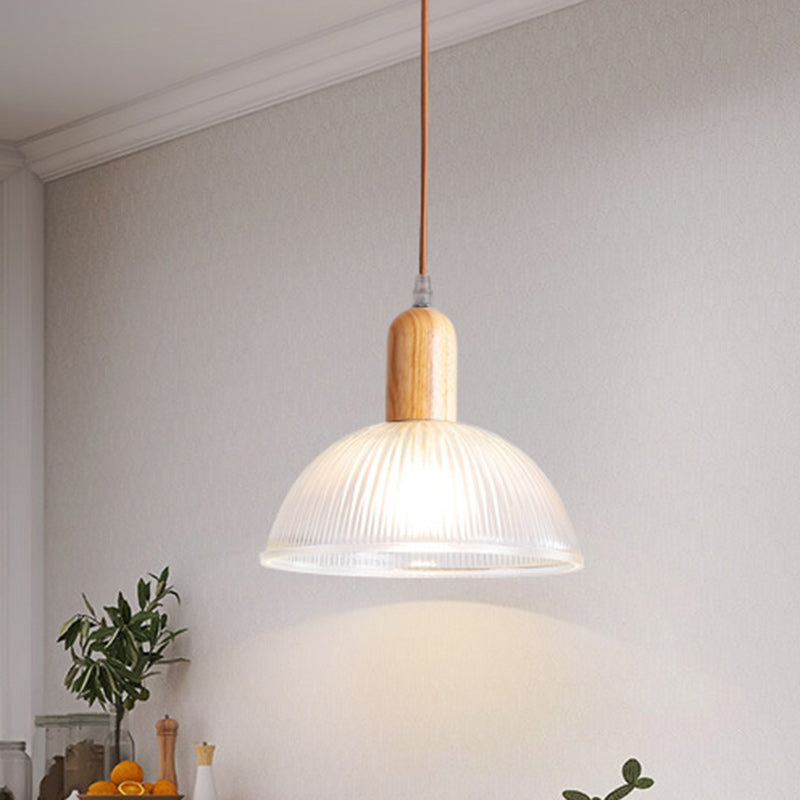 Zeitgenössische Nordische Kuppel Holz Glas 1-Licht Pendelleuchte Für Wohnzimmer