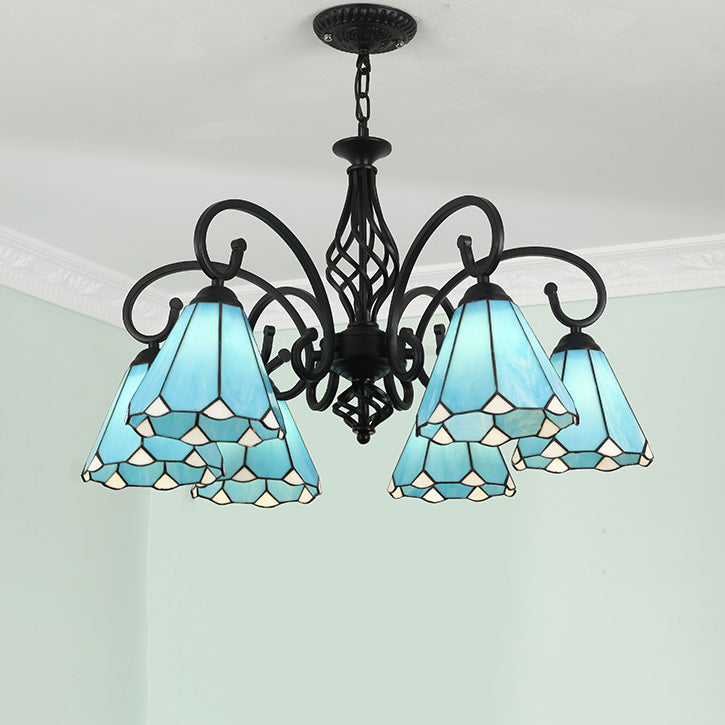 Frendorf | VitraGleam Tiffany Hängelampe | Konischer Buntglas Kronleuchter | 3/5/6/8 Lichter | Wohnzimmer Eleganz