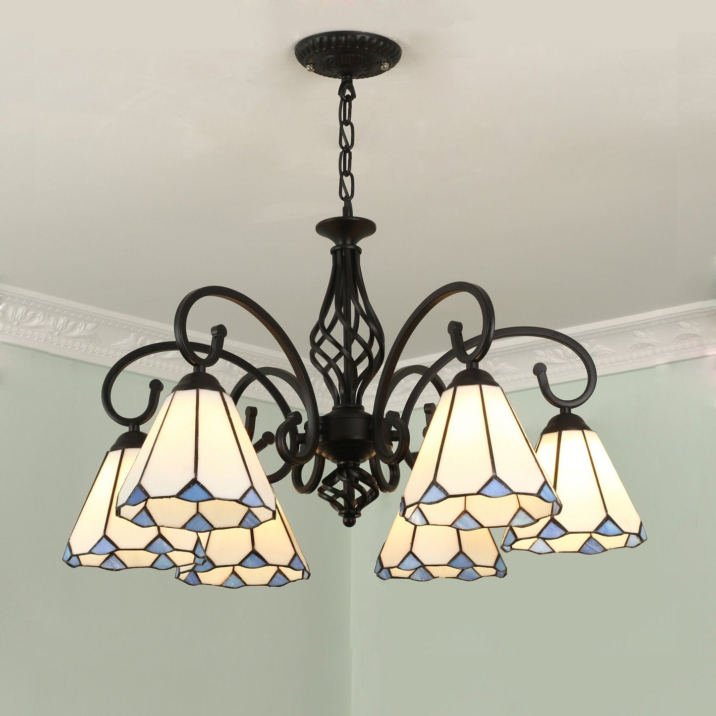 Frendorf | VitraGleam Tiffany Hängelampe | Konischer Buntglas Kronleuchter | 3/5/6/8 Lichter | Wohnzimmer Eleganz