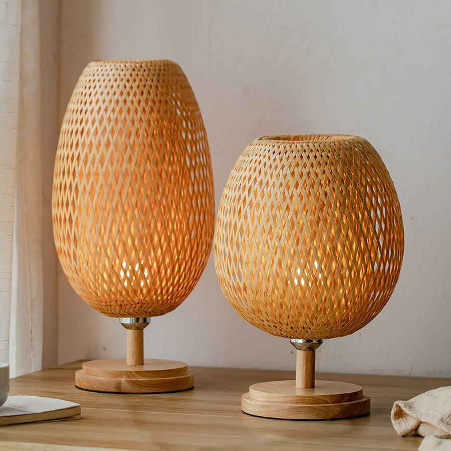 Frendorf | Bamboro Japanisches Design Tischlampe | Handgefertigte Bambus-Weberei | Holz & Metall | Schlafzimmerbeleuchtung