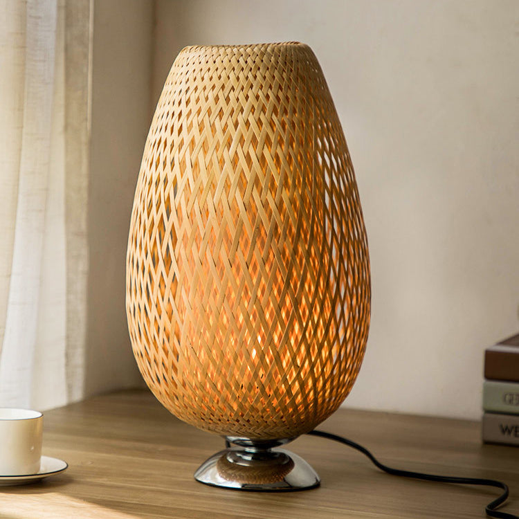 Frendorf | Bamboro Japanisches Design Tischlampe | Handgefertigte Bambus-Weberei | Holz & Metall | Schlafzimmerbeleuchtung