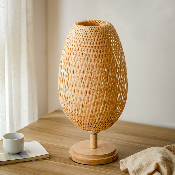 Frendorf | Bamboro Japanisches Design Tischlampe | Handgefertigte Bambus-Weberei | Holz & Metall | Schlafzimmerbeleuchtung