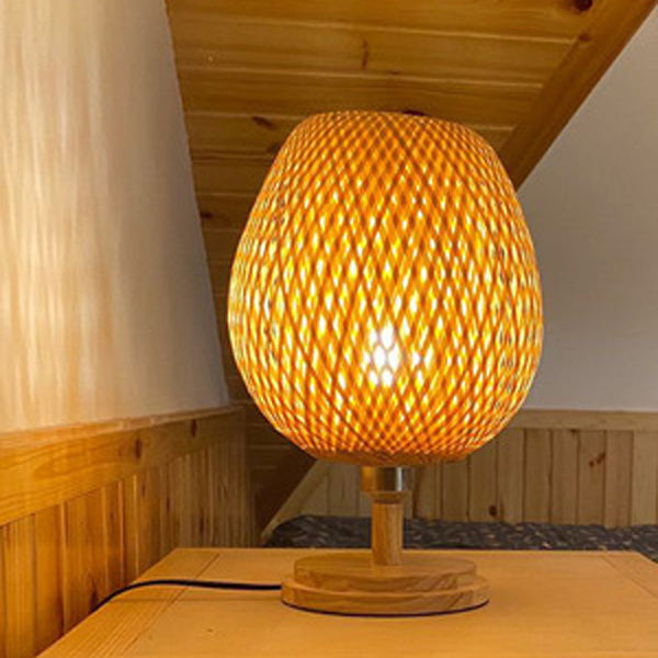 Frendorf | Bamboro Japanisches Design Tischlampe | Handgefertigte Bambus-Weberei | Holz & Metall | Schlafzimmerbeleuchtung