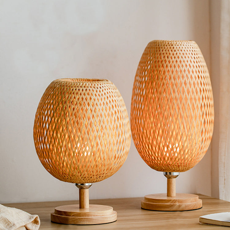 Frendorf | Bamboro Japanisches Design Tischlampe | Handgefertigte Bambus-Weberei | Holz & Metall | Schlafzimmerbeleuchtung