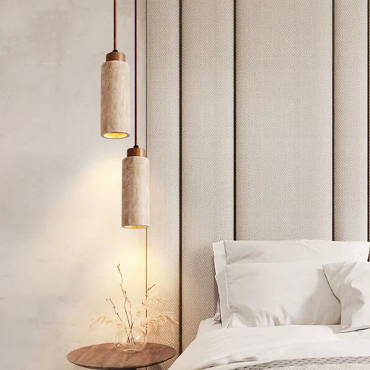 japanische Zylinder Gelber Travertin Holz 1-Licht Pendelleuchte für Wohnzimmer