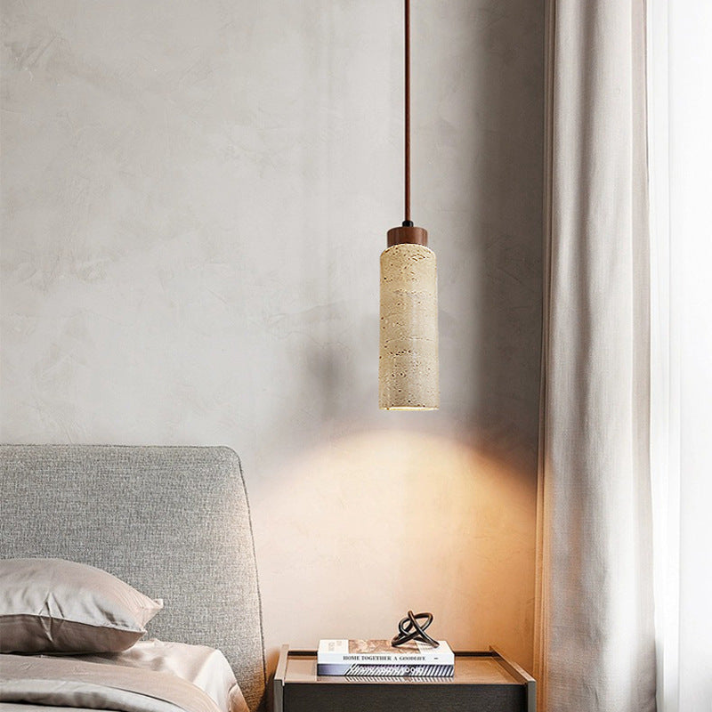 japanische Zylinder Gelber Travertin Holz 1-Licht Pendelleuchte für Wohnzimmer