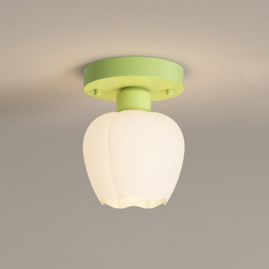 Zeitgenössische skandinavische Creme Blumen Runde Oval Eisen Glas 1-Licht Semi-Flush Mount Deckenleuchte für Schlafzimmer