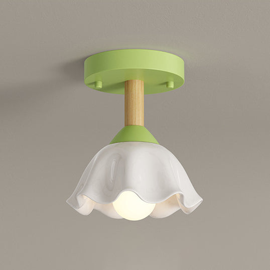 Zeitgenössische skandinavische Creme Blumen Runde Oval Eisen Glas 1-Licht Semi-Flush Mount Deckenleuchte für Schlafzimmer