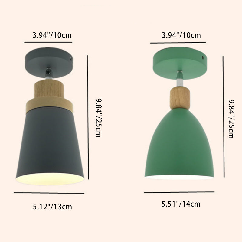 Zeitgenössische skandinavische Eisen Holz Kegel Zylinder verstellbare 1-Licht Semi-Flush Mount Deckenleuchte für Flur