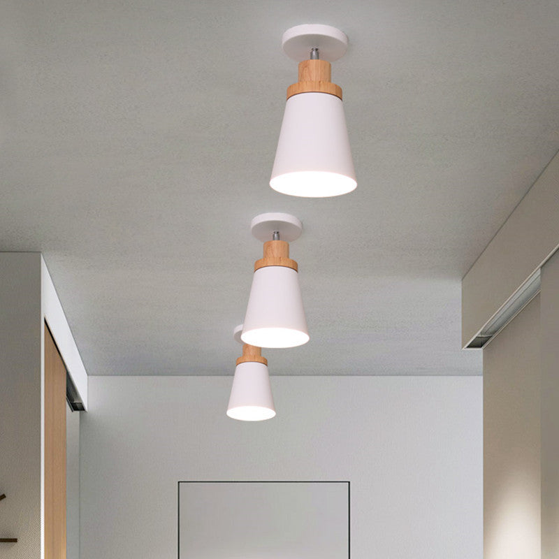 Zeitgenössische skandinavische Eisen Holz Kegel Zylinder verstellbare 1-Licht Semi-Flush Mount Deckenleuchte für Flur