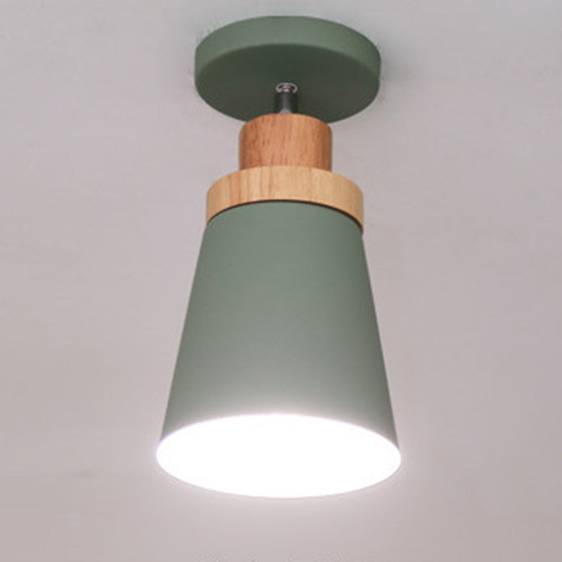 Zeitgenössische skandinavische Eisen Holz Kegel Zylinder verstellbare 1-Licht Semi-Flush Mount Deckenleuchte für Flur