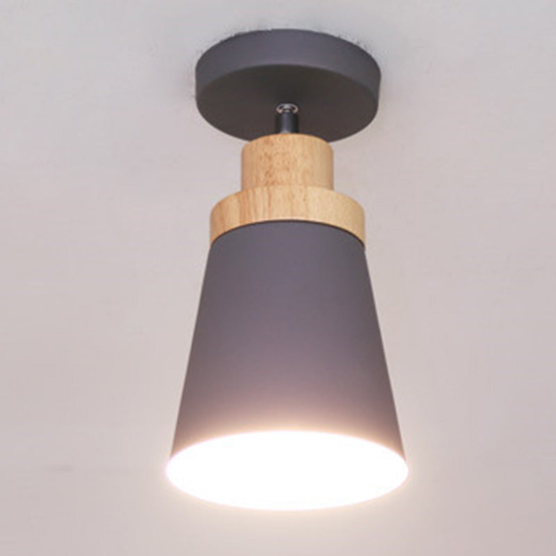Zeitgenössische skandinavische Eisen Holz Kegel Zylinder verstellbare 1-Licht Semi-Flush Mount Deckenleuchte für Flur