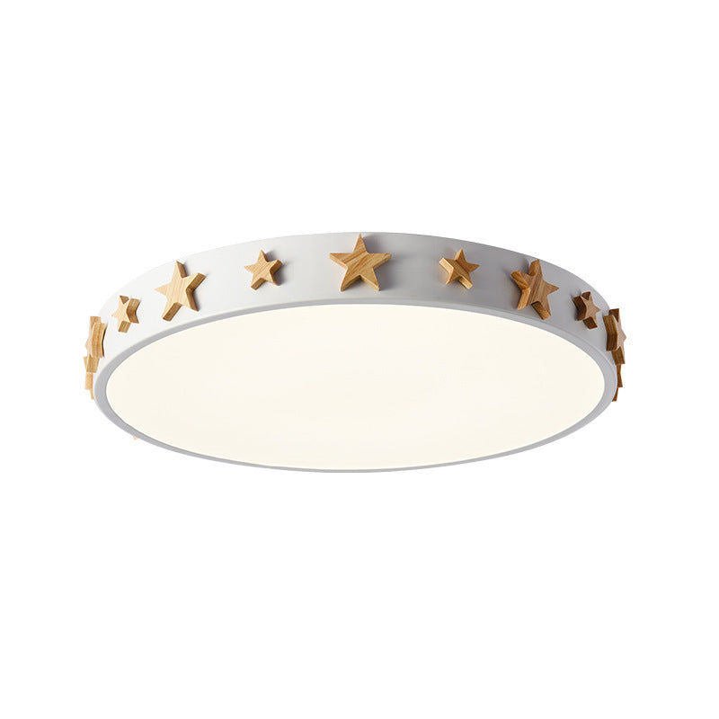 Zeitgenössische skandinavische Eisen Holz Acryl Runde Stern LED Deckenleuchte für Schlafzimmer