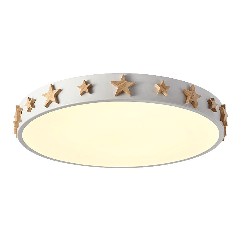 Zeitgenössische skandinavische Eisen Holz Acryl Runde Stern LED Deckenleuchte für Schlafzimmer