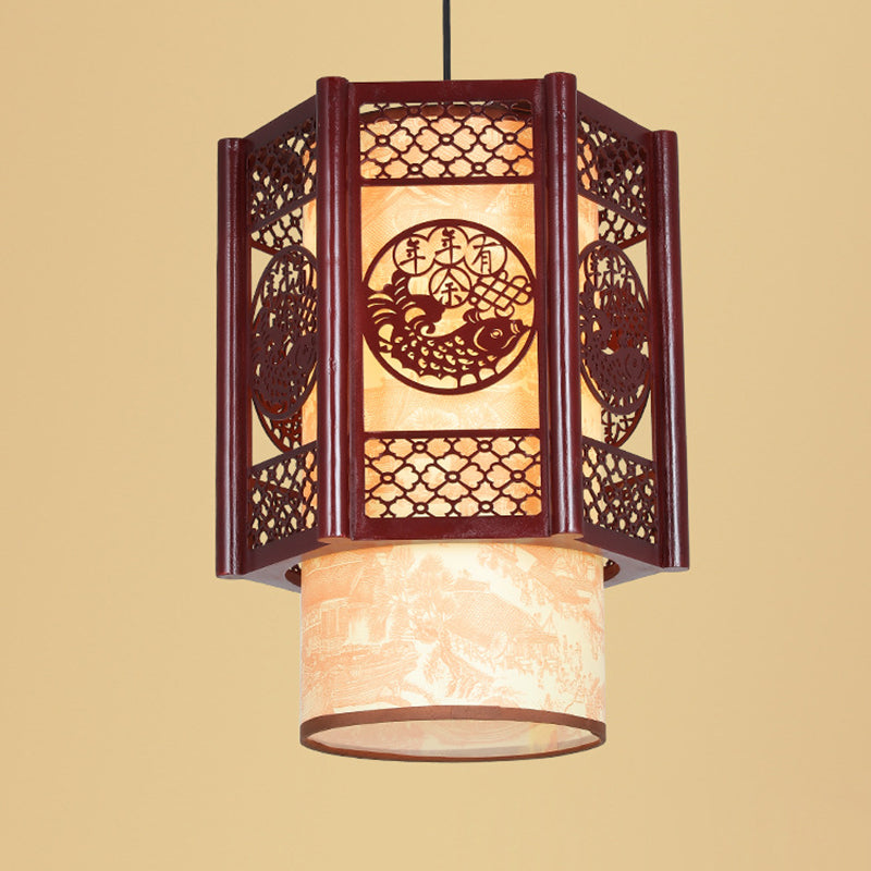 Traditionelle chinesische Holz-PVC-Zylinderlaterne geschnitzter Fisch 1-Licht Pendelleuchte für das Esszimmer