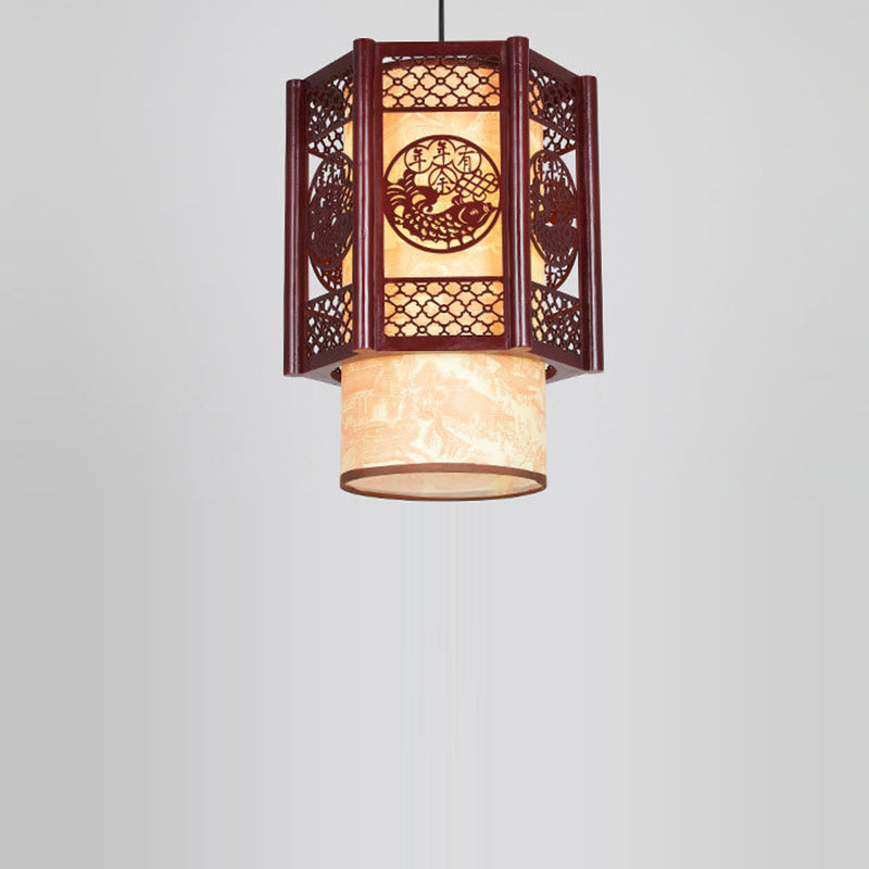 Traditionelle chinesische Holz-PVC-Zylinderlaterne geschnitzter Fisch 1-Licht Pendelleuchte für das Esszimmer