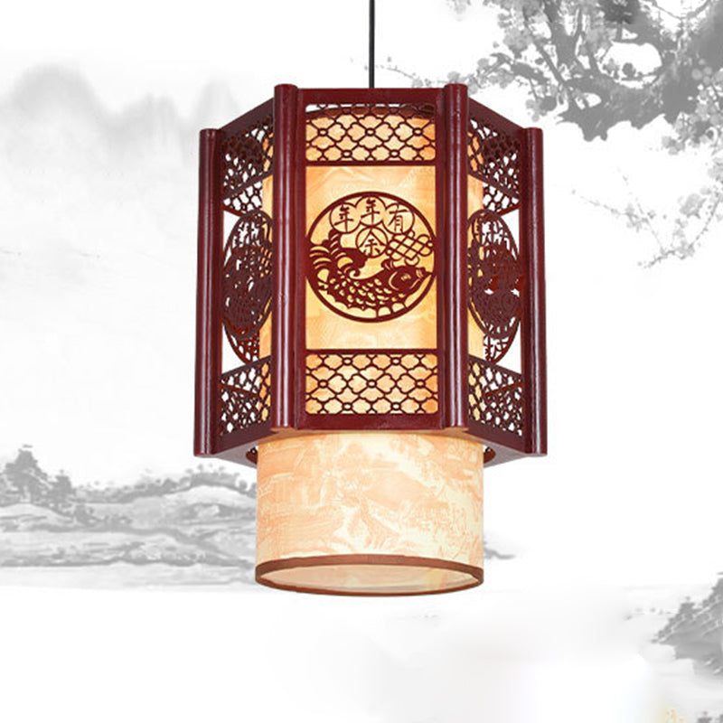 Traditionelle chinesische Holz-PVC-Zylinderlaterne geschnitzter Fisch 1-Licht Pendelleuchte für das Esszimmer