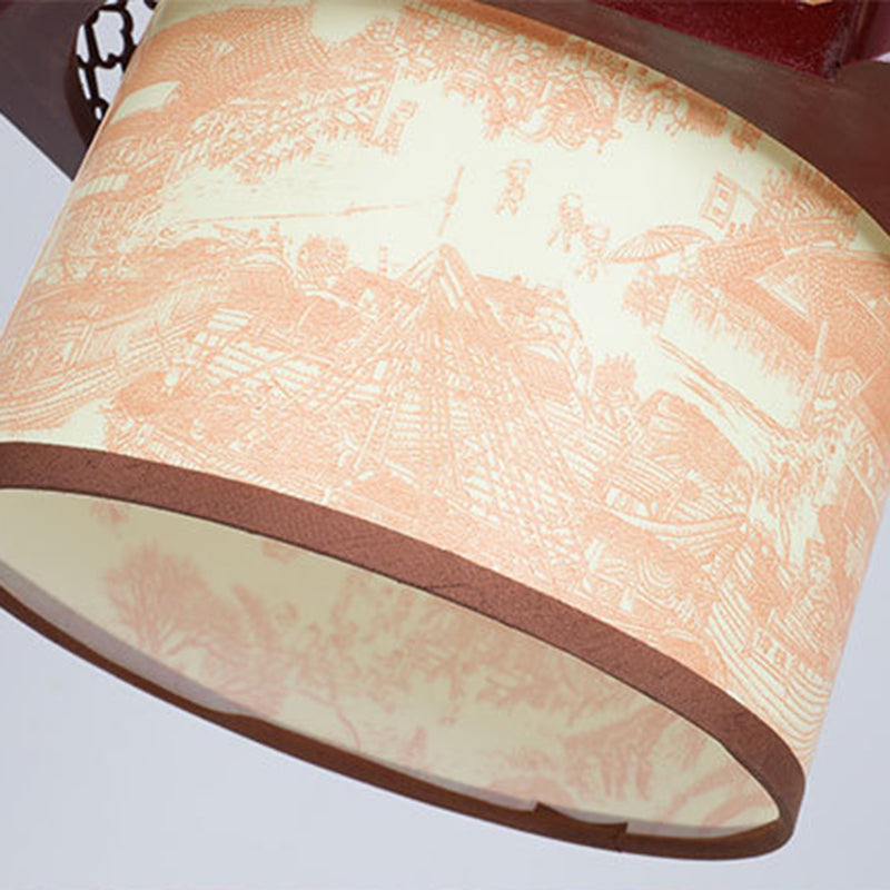 Traditionelle chinesische Holz-PVC-Zylinderlaterne geschnitzter Fisch 1-Licht Pendelleuchte für das Esszimmer