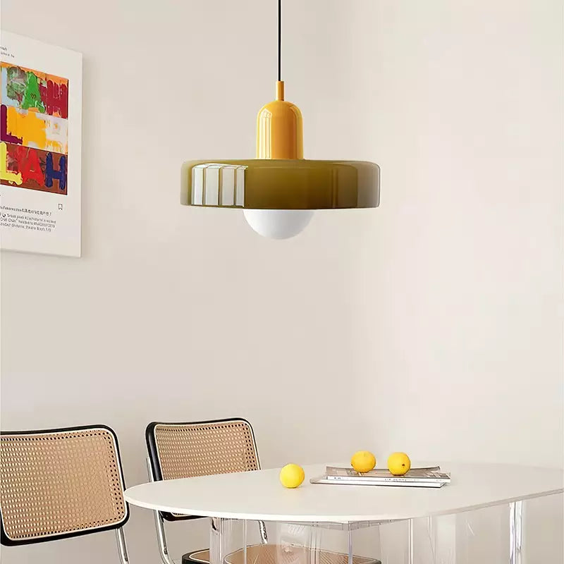 Frendorf |  Pendelleuchte aus farbigem Glas | Elegante Hängeleuchte im Bauhaus-Stil | Designlampe für Wohnzimmer & Esszimmer