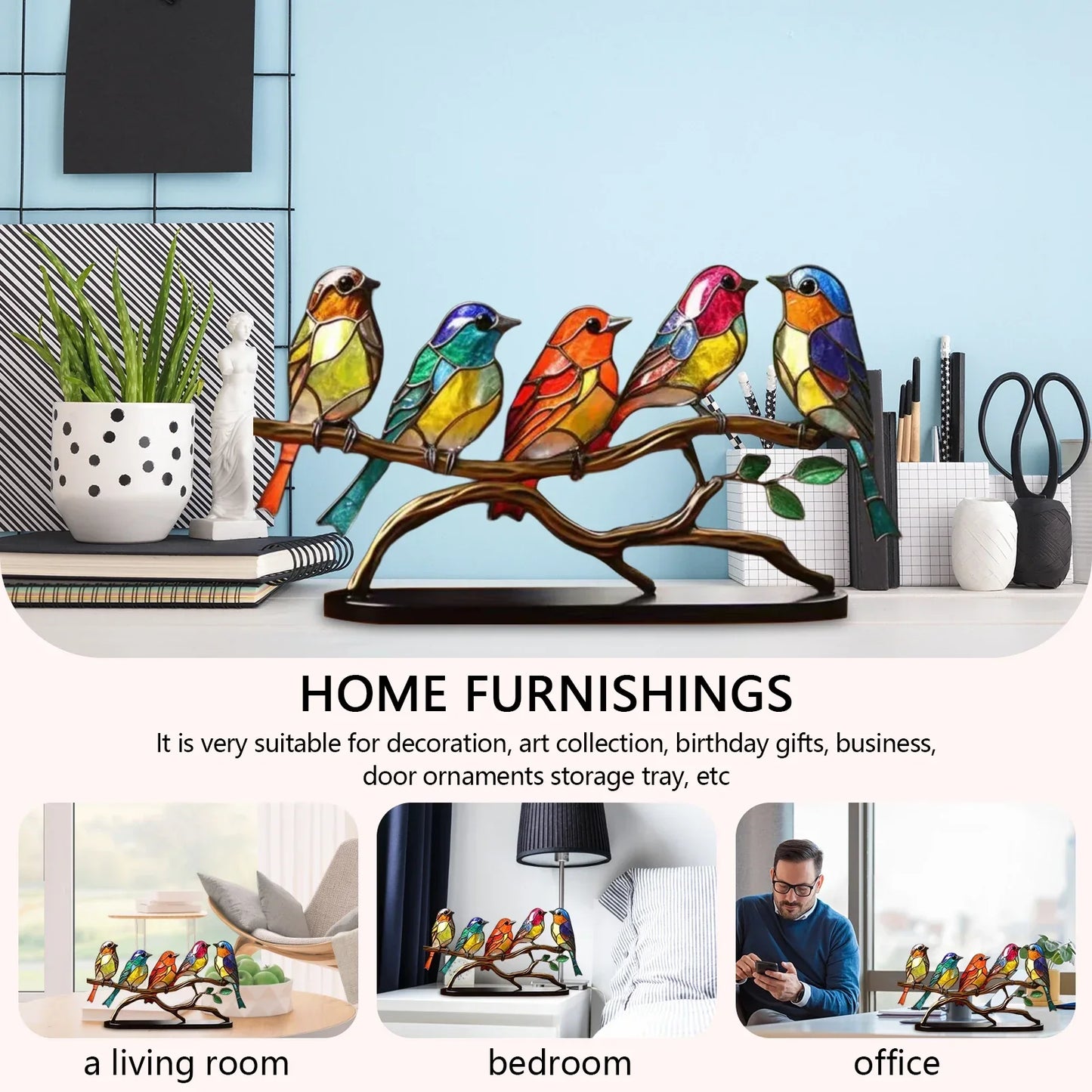 Frendorf | BirdArt - Acryl Vögel auf Ast Skulptur | Künstlerische Dekoration für das Schlafzimmer