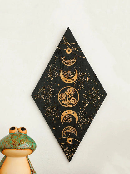 Schwarze Mondphasen Holz Wanddekoration Rhombus Wandkunst Boho Wohnkultur Hexe Wandbehang Dekoration Raumdekor Ästhetisches Geschenk