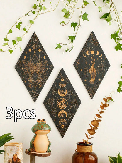 Schwarze Mondphasen Holz Wanddekoration Rhombus Wandkunst Boho Wohnkultur Hexe Wandbehang Dekoration Raumdekor Ästhetisches Geschenk