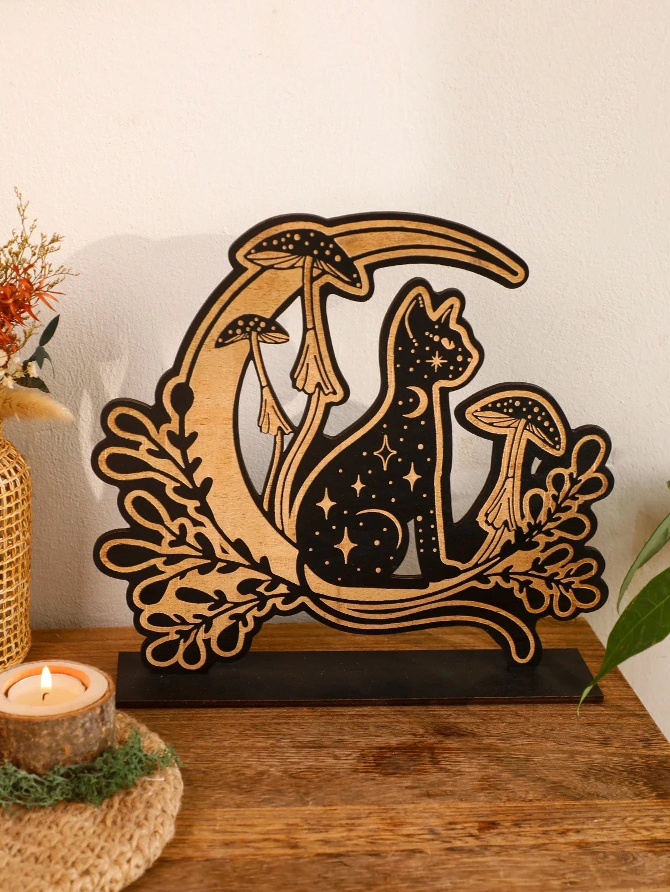Schwarze Holzpilz Katze Mond Tischdekoration Schreibtischaccessoires Wohnkultur Nordic Bürozubehör Wohnaccessoires Schreibtischornament