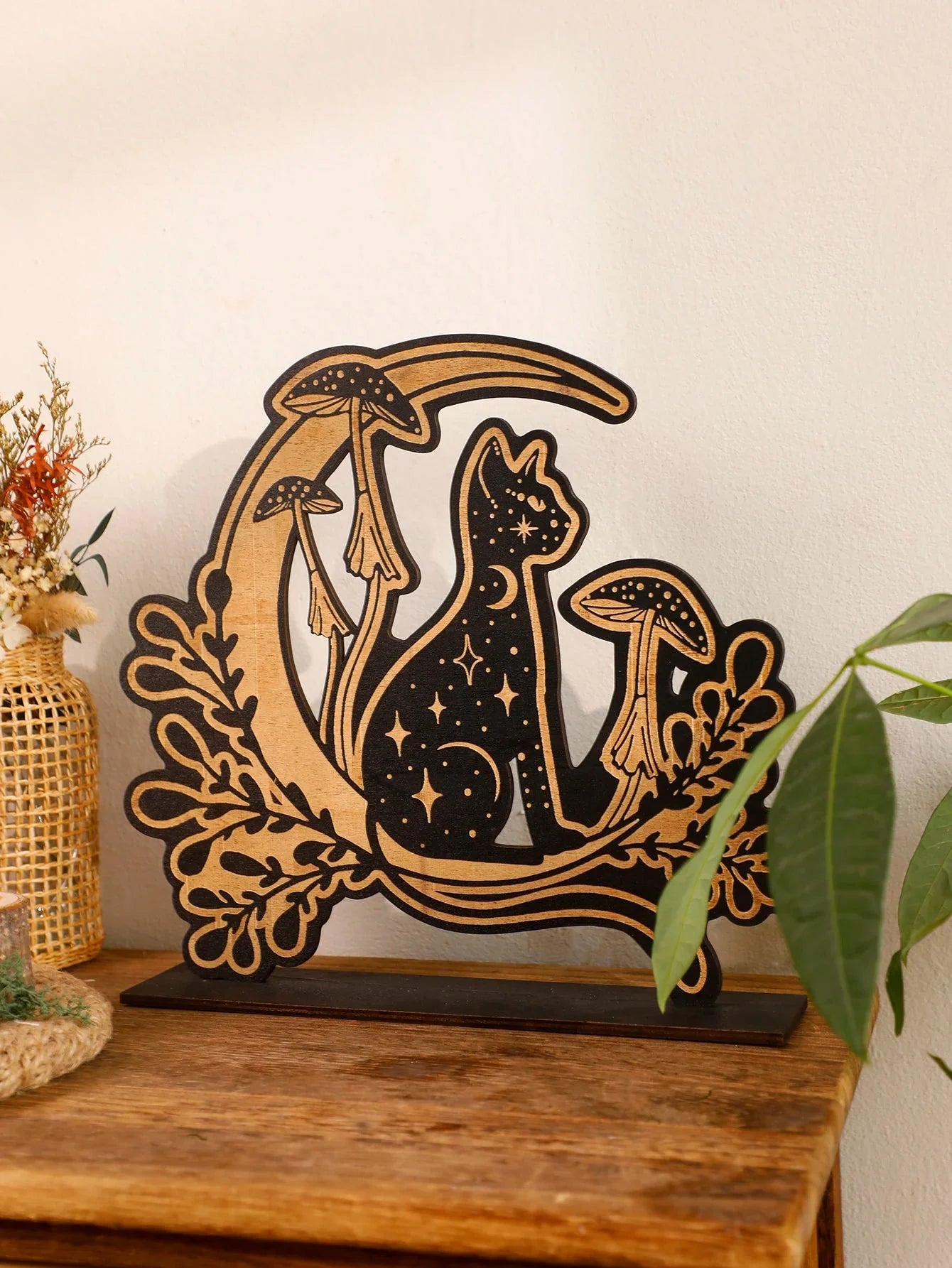 Schwarze Holzpilz Katze Mond Tischdekoration Schreibtischaccessoires Wohnkultur Nordic Bürozubehör Wohnaccessoires Schreibtischornament