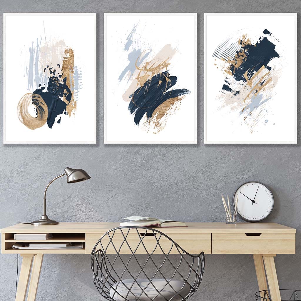 Set von 3 Abstract Postern aus Ölgemälden in Blau und Gold