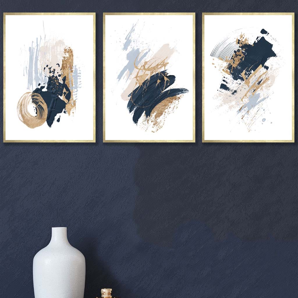 Set von 3 Abstract Postern aus Ölgemälden in Blau und Gold