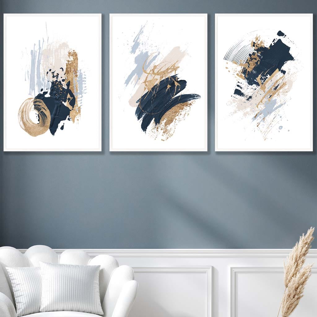 Set von 3 Abstract Postern aus Ölgemälden in Blau und Gold