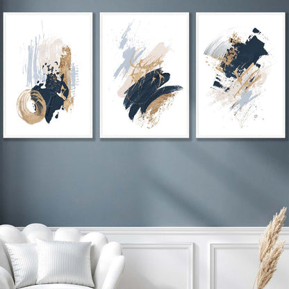 Set von 3 Abstract Postern aus Ölgemälden in Blau und Gold